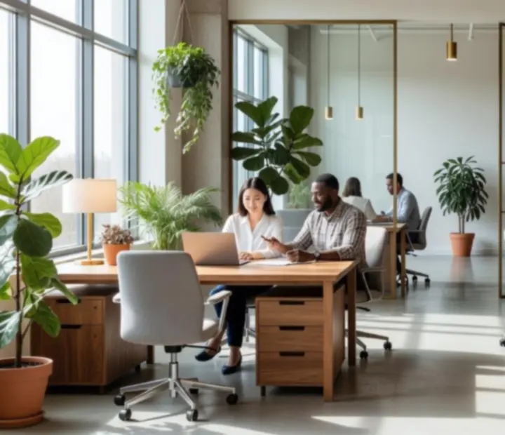 Espace de travail Nexolvari dans un loft lumineux avec bois naturel et végétation