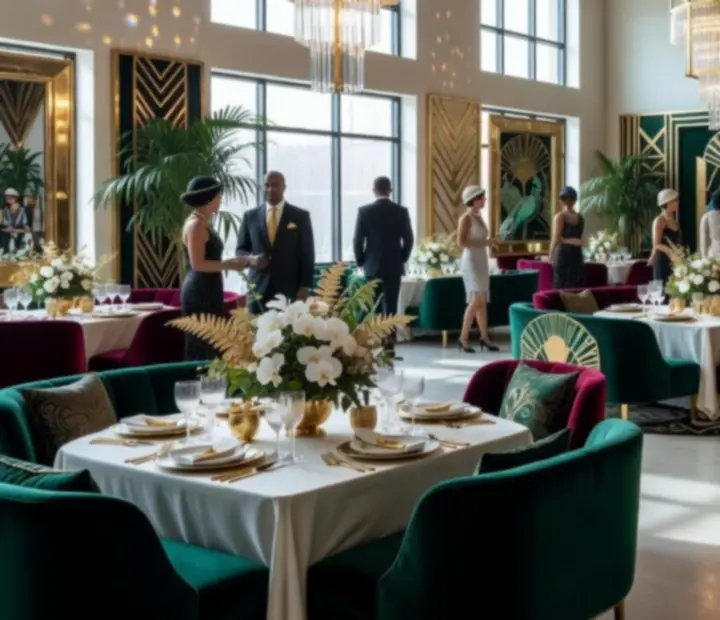 Scénographie de soirée Great Gatsby avec décors Art Déco et lumière dorée