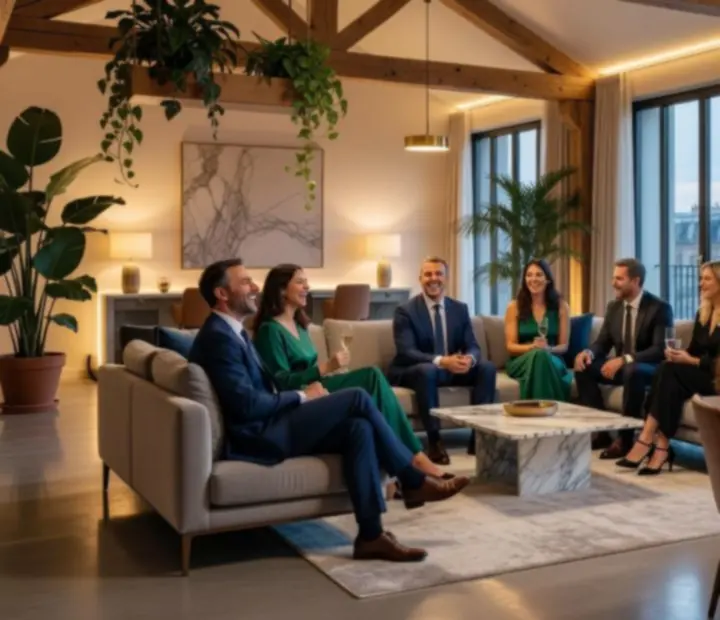 Groupe d’invités profitant d’une soirée dans un grand salon lumineux