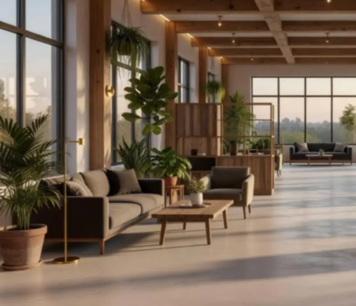 Ambiance loft lumineuse avec béton clair, bois naturel et végétation