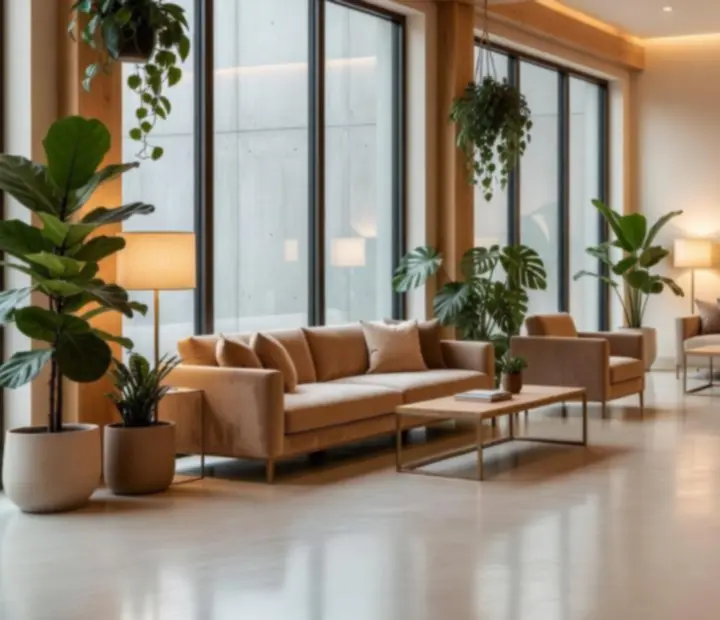 Scénographie d’événement dans un loft contemporain avec lumière naturelle, bois et végétation