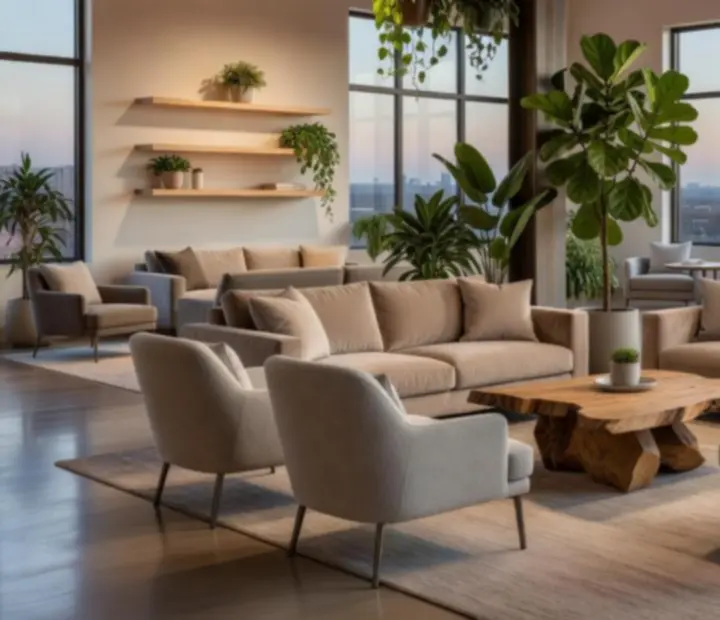 Ambiance lounge avec végétation, bois clair et mobilier design
