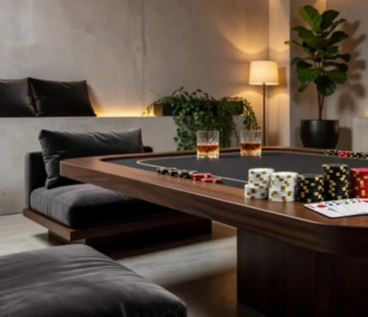 Ambiance loft premium autour d’une table de poker avec décoration végétale et lumière chaude