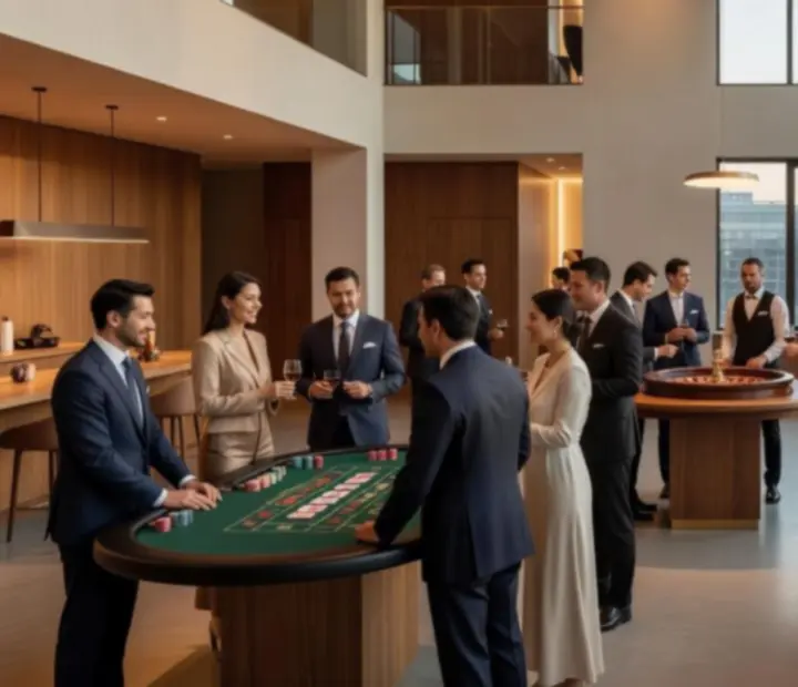 Tables de poker, roulette et blackjack installées dans un loft lumineux et contemporain