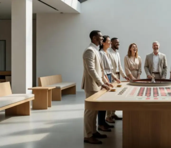 Table de roulette dans un grand loft lumineux avec invités en tenue élégante
