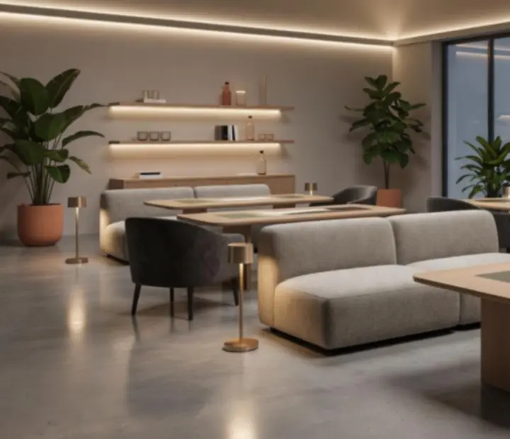 Scénographie d’événement dans un loft avec éclairage chaleureux, végétation et mobilier contemporain