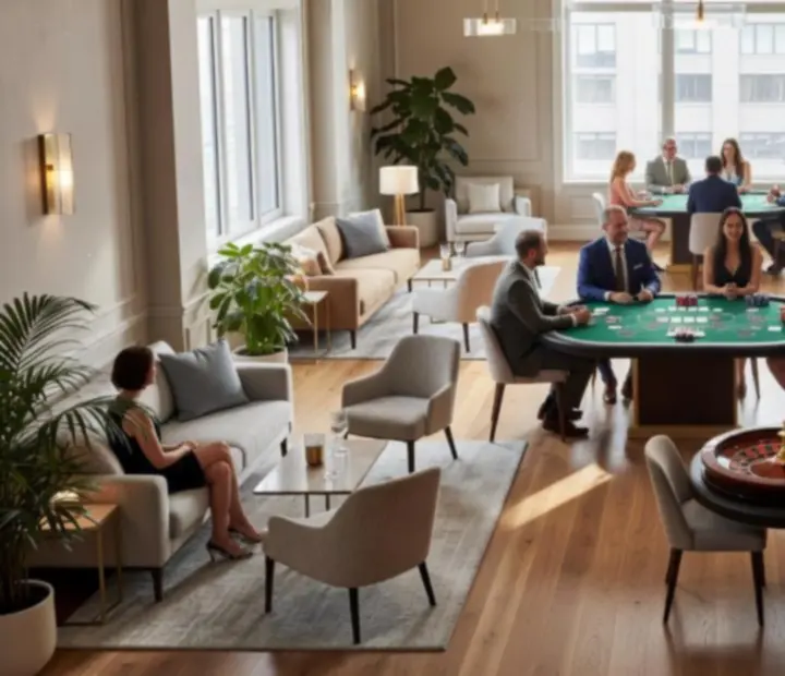 Soirée événementielle dans un loft lumineux avec tables de jeu et invités